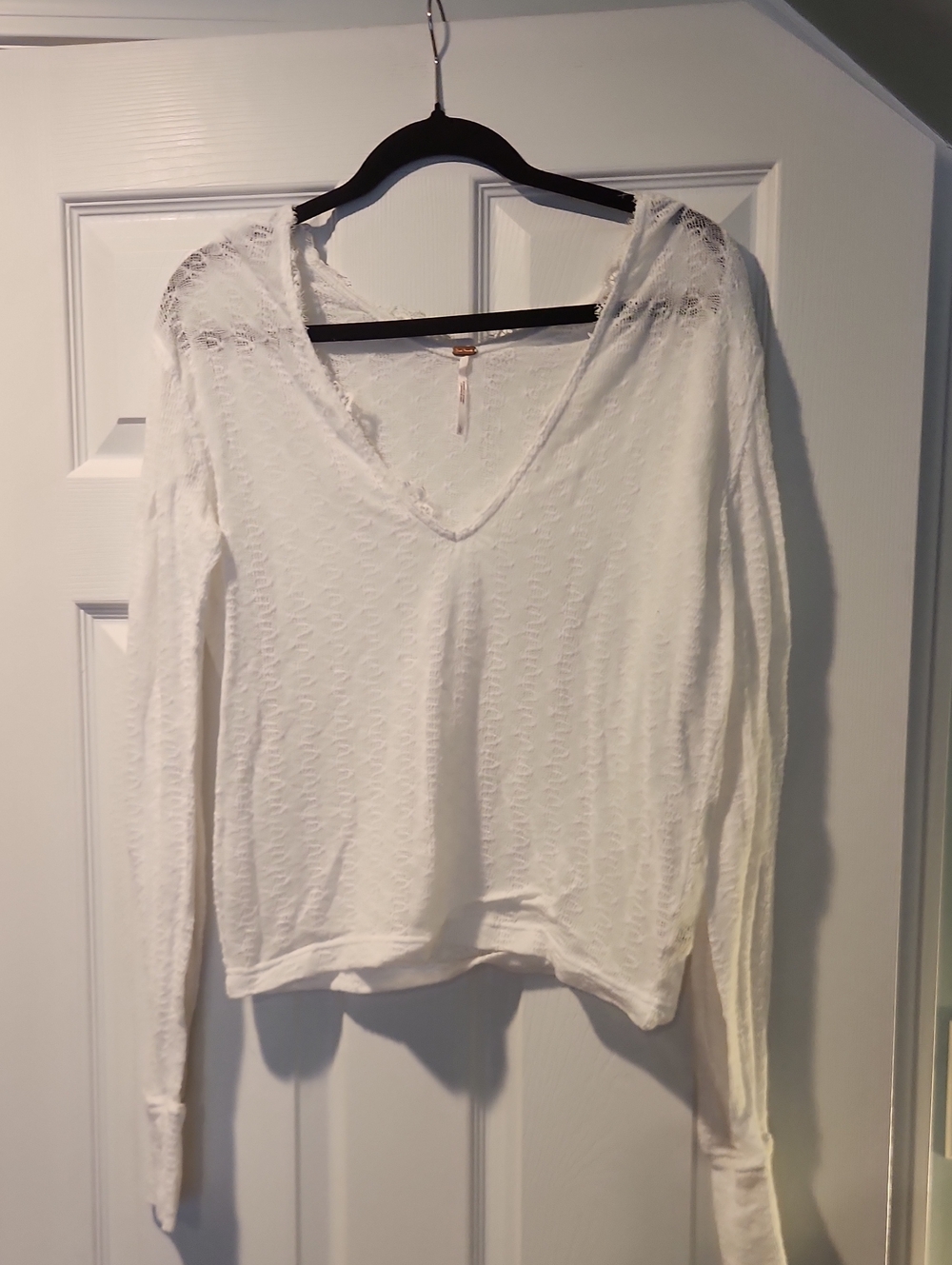 Free People White Lace-Trim V-Neck Long Sleeve Tee